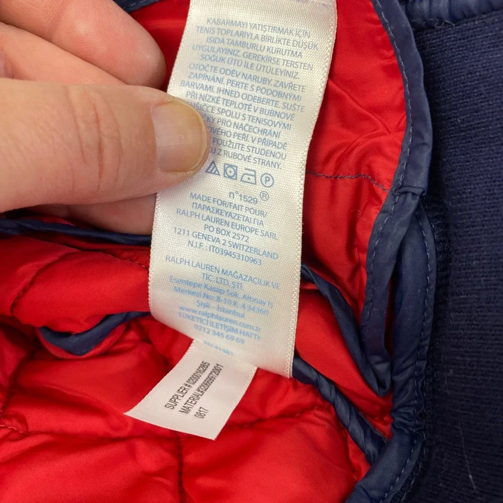 Ralph Lauren Quilted Bomber Jacket Baby Boy 3M Navy Blue Red Pony Zip Up Coat
